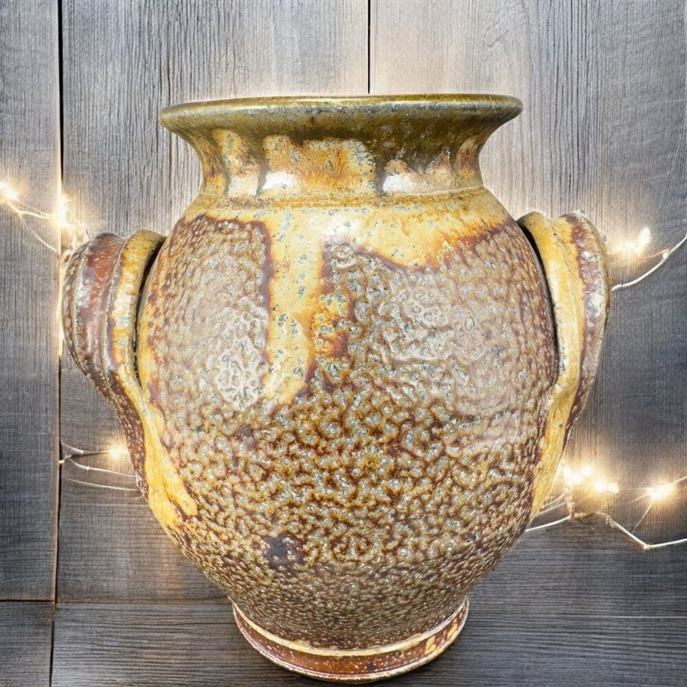 Vintage Hand Made USA Pottery Stoneware Vase Round Bottom Heavy With Handles VTG